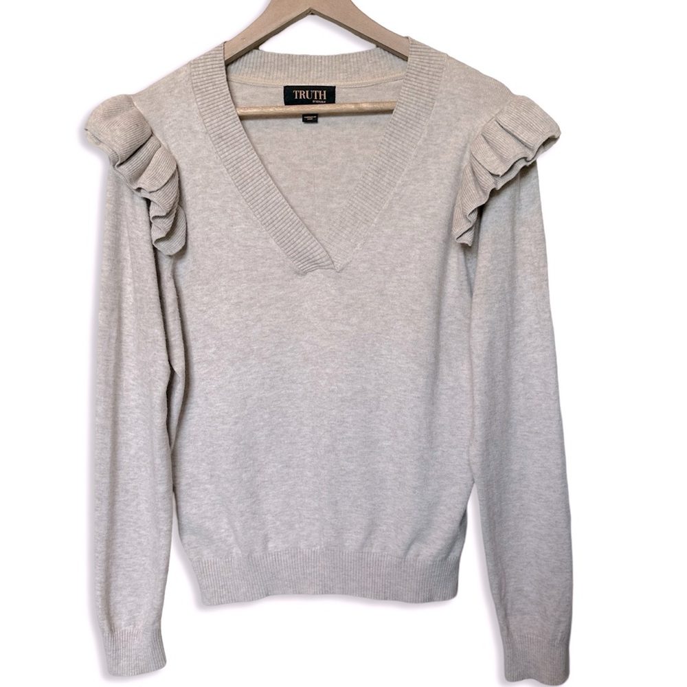 Women’s Truth by Republic V-neck Ruffle Sleeve Sweater |  Cream/Beige | Large